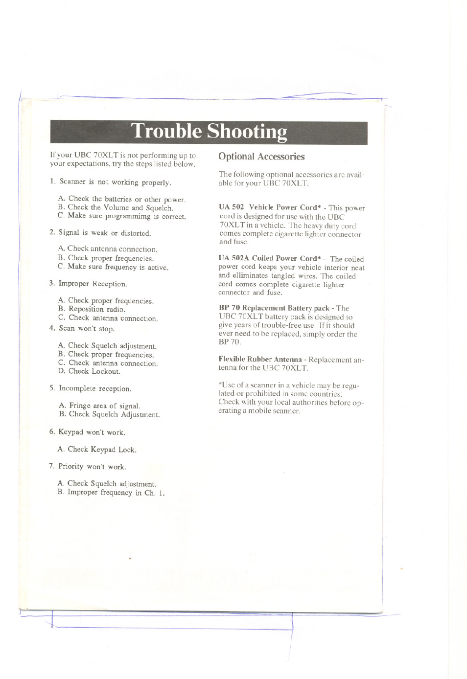 Optional accessories, Trouble shooting | Uniden BEARCAT UBC 70XLT User Manual | Page 9 / 12