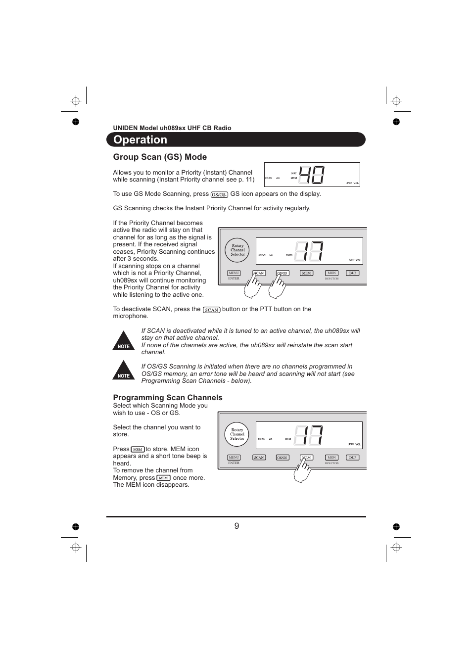 Operation, Group scan (gs) mode | Uniden UH089sx User Manual | Page 10 / 16