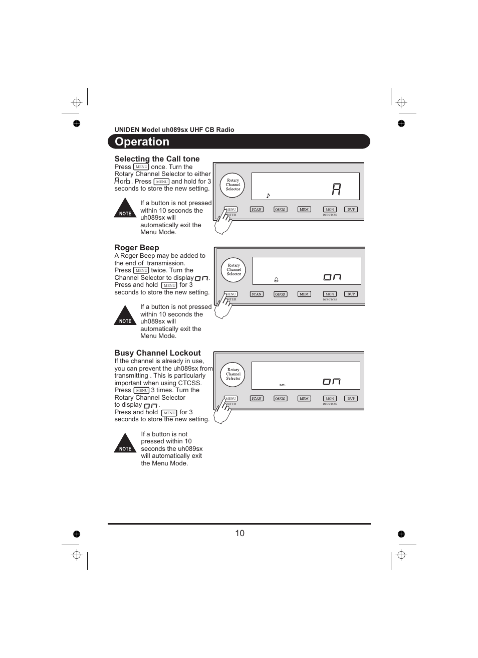 Operation, Selecting the call tone, Roger beep busy channel lockout | Uniden UH089sx User Manual | Page 11 / 16