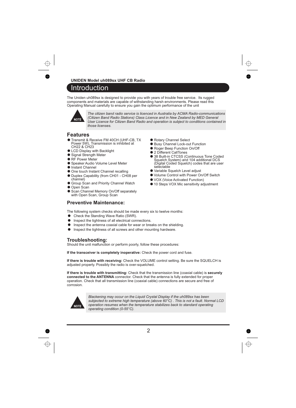 Introduction, Features | Uniden UH089sx User Manual | Page 3 / 16