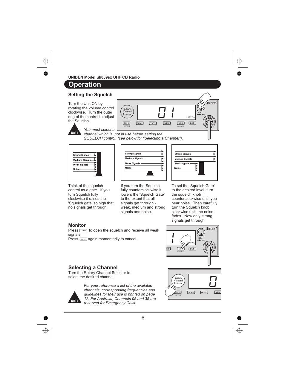 Operation, Selecting a channel | Uniden UH089sx User Manual | Page 7 / 16