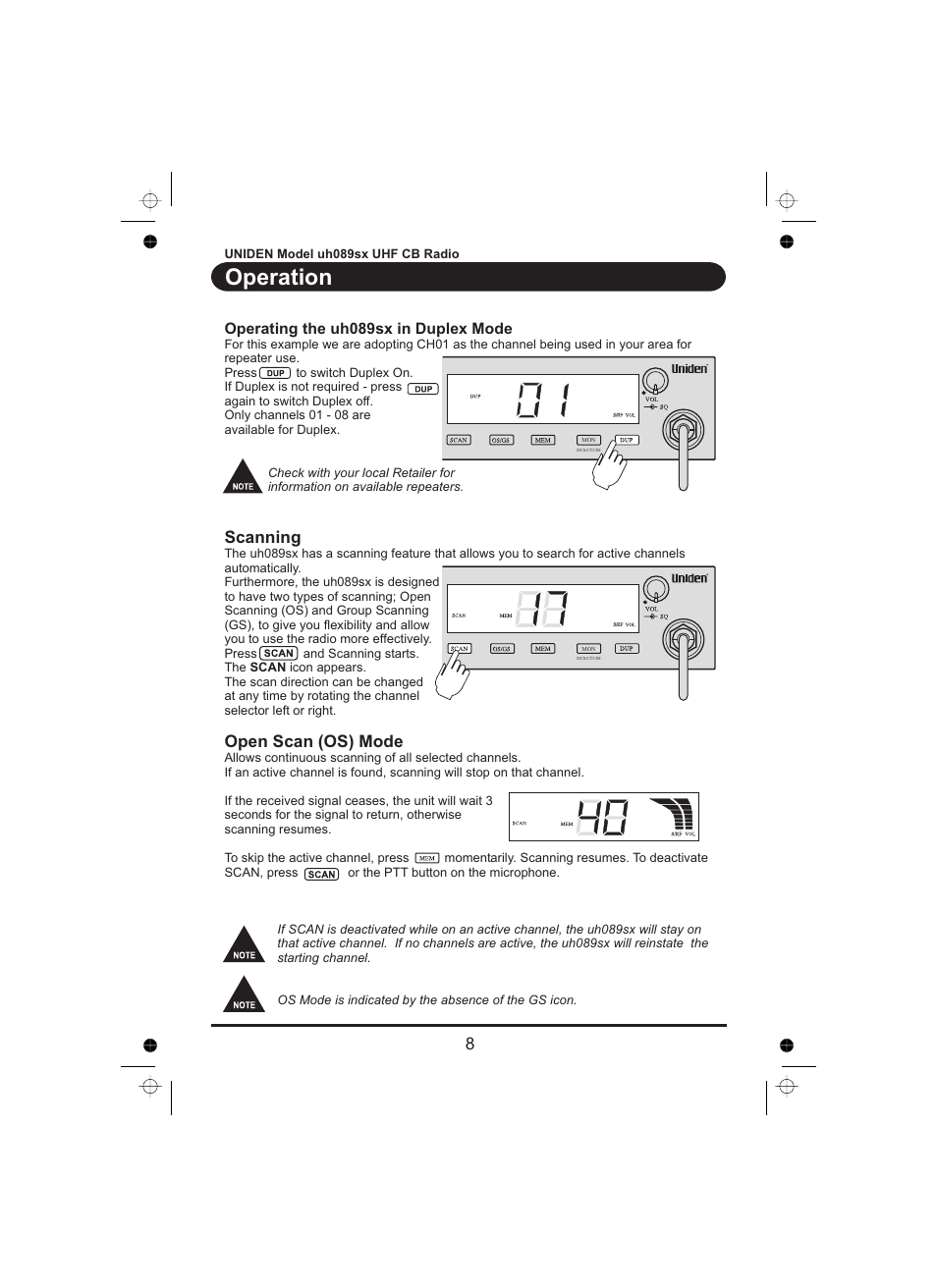 Operation, Scanning open scan (os) mode | Uniden UH089sx User Manual | Page 9 / 16