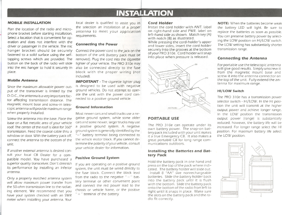 Installation, Mobile installation, Mobile antenna | Connecting the power, Ground information, Positive ground system, Cord holder, Installing the batteries and battery pack, Connecting the antenna | Uniden 310e User Manual | Page 3 / 8