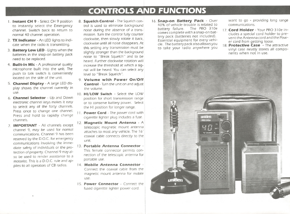 Controls and functions, 12 magnetic mount antenna - a, Portable antenna connector | Mobile antenna connector | Uniden 310e User Manual | Page 4 / 8