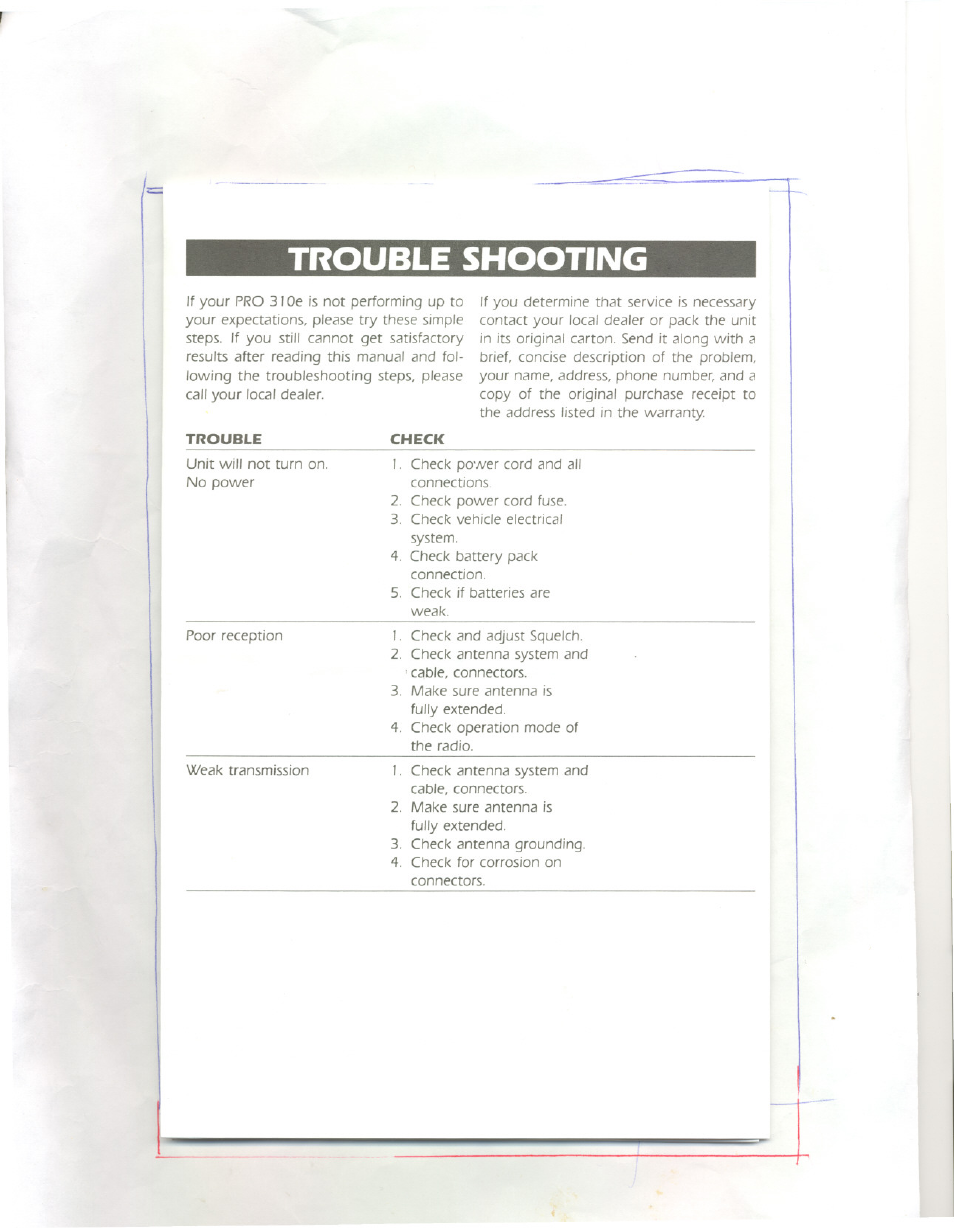 Trouble shooting | Uniden 310e User Manual | Page 7 / 8