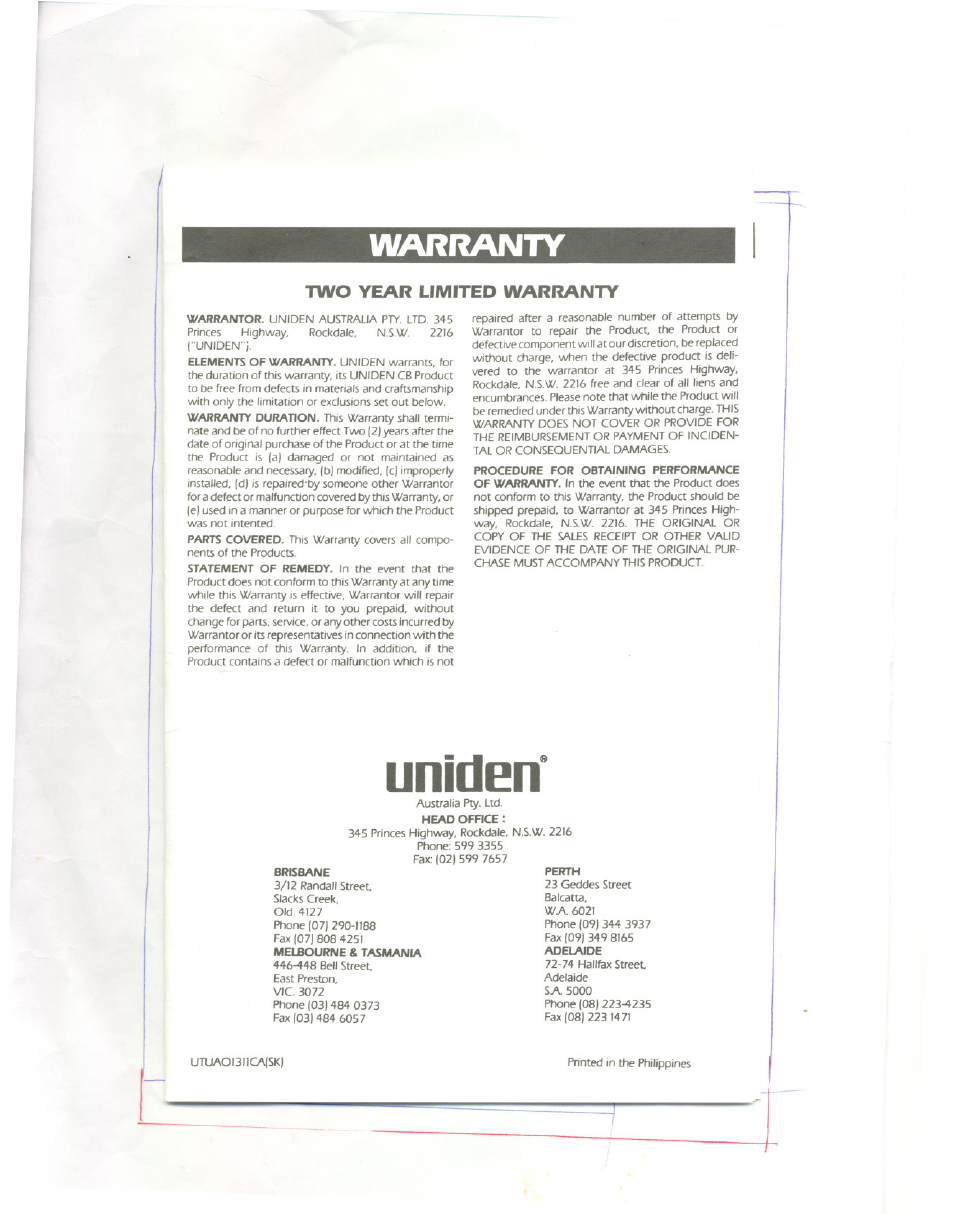 Warranty, Two year limited warranty, Uniden | Uniden 310e User Manual | Page 8 / 8