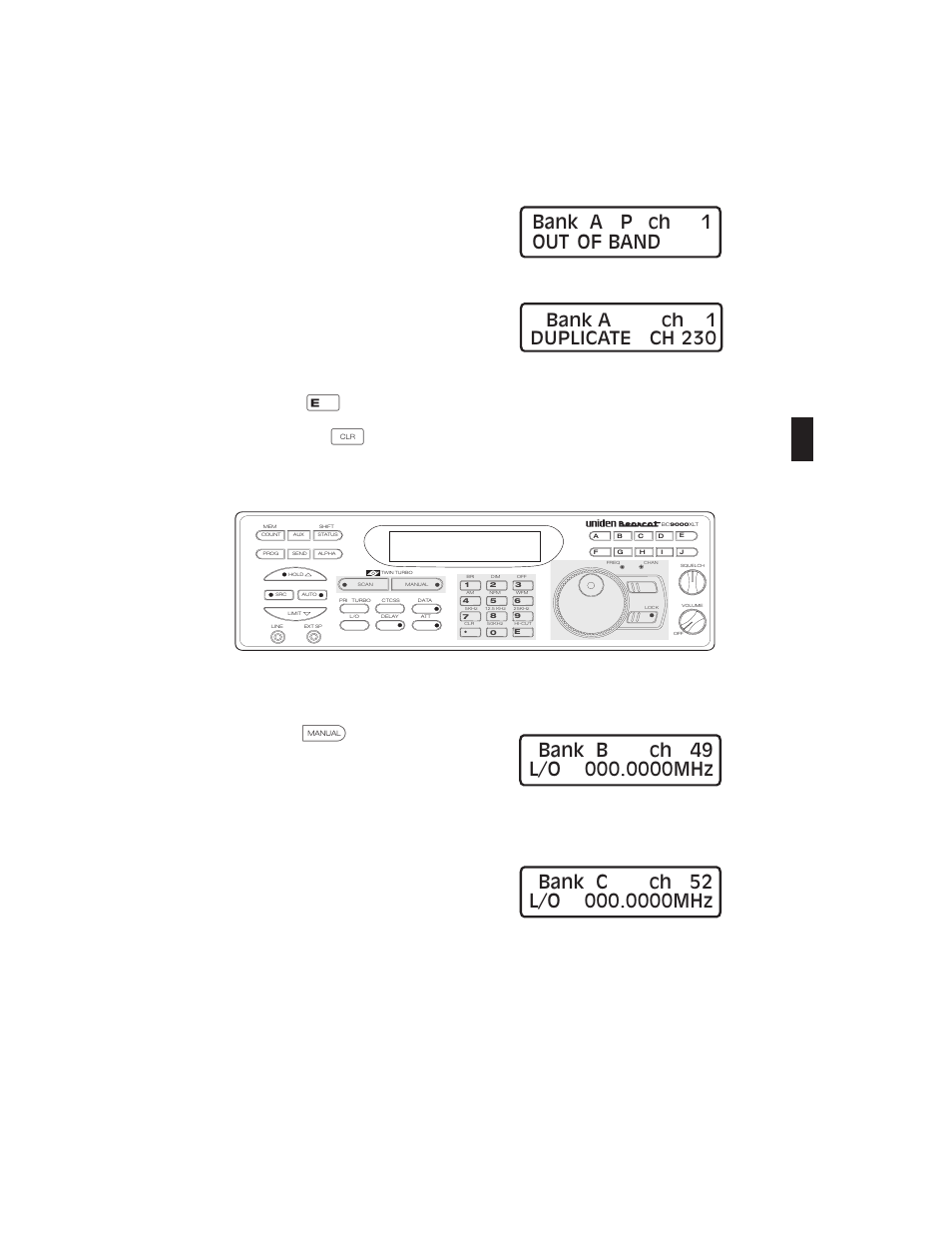 Bank a p ch 1 out of band, Programming with the rotary tuner, Bank a ch 1 duplicate ch 230 | Scan, numeric keys, and rotary tuning controls | Uniden BC9000XLT User Manual | Page 13 / 57