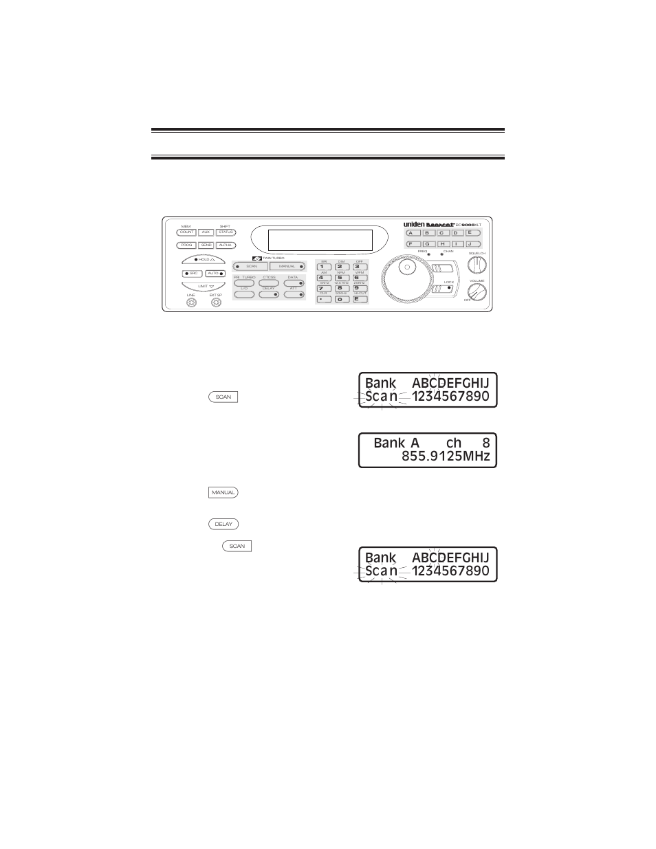 The scan mode 24, Scanning all programmed channels and banks 24, The scan mode | Scanning all programmed channels and banks | Uniden BC9000XLT User Manual | Page 24 / 57