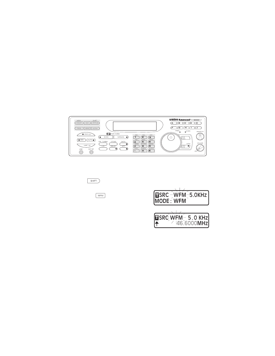 Setting the signal mode 36, Setting the signal mode, Mode : wfm src wfm 5.0khz | Status, numeric and special function keys | Uniden BC9000XLT User Manual | Page 36 / 57