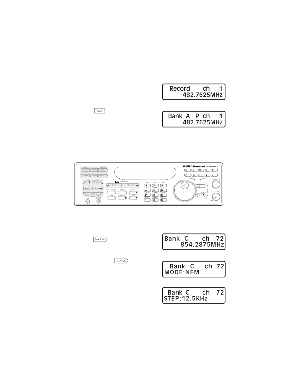 Viewing scanner status information 42, Viewing scanner status information, Status, search, and scan keys | Uniden BC9000XLT User Manual | Page 42 / 57