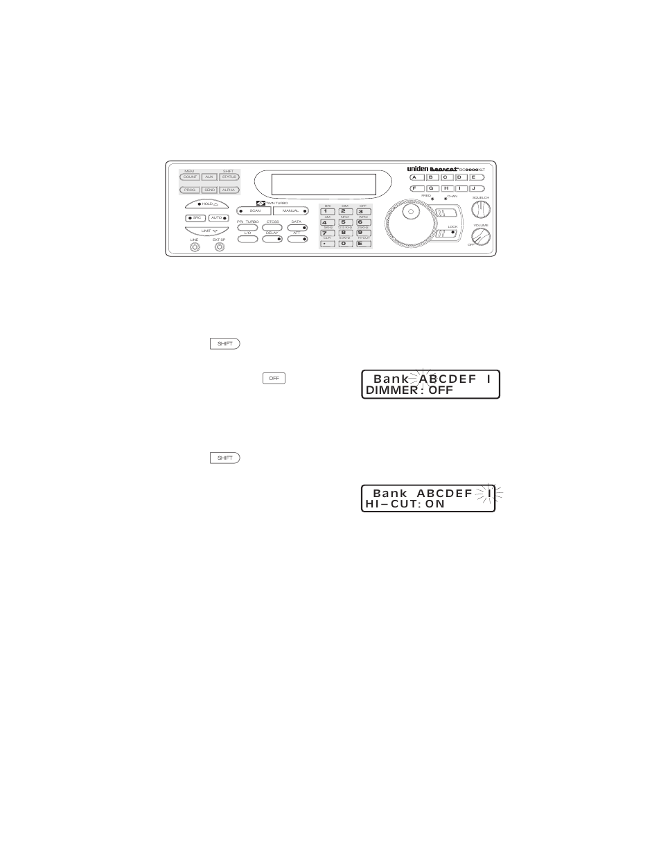 Display light 44, Using hi-cut 44, Display light using hi-cut | Display light, Using hi-cut, Status and special function keys, Use these keys for display light and hi-cut | Uniden BC9000XLT User Manual | Page 44 / 57