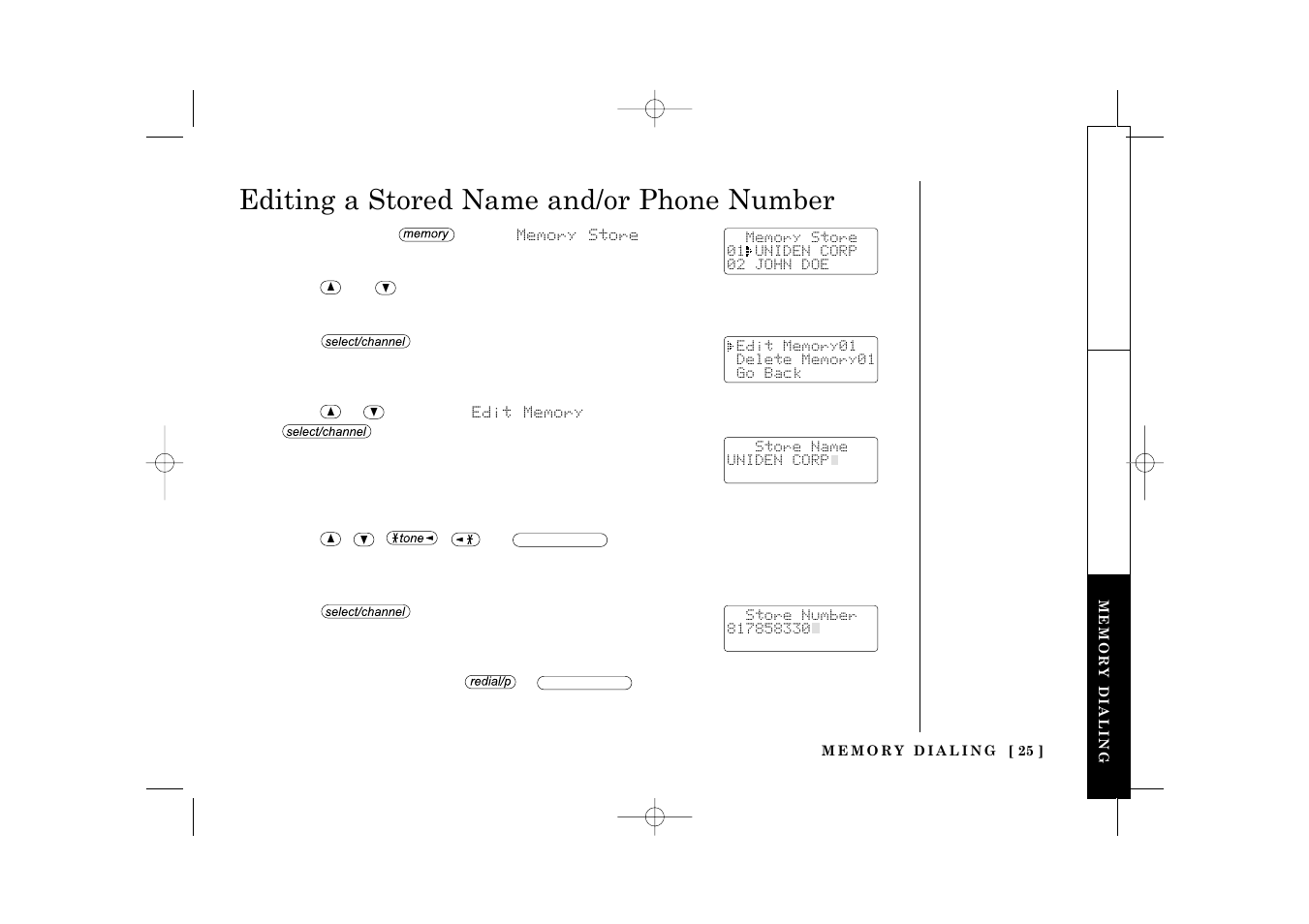 Editing a stored name and/or phone number | Uniden TRU 3485 User Manual | Page 27 / 60