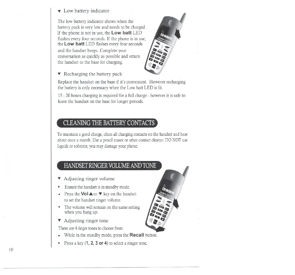 Cleaning the battery contacts, Handset ringer volume and tone | Uniden DS70 User Manual | Page 11 / 23