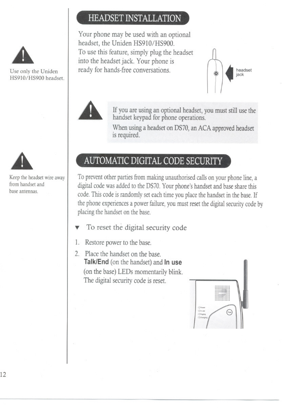 Headset installation, Automatic digital code security | Uniden DS70 User Manual | Page 13 / 23