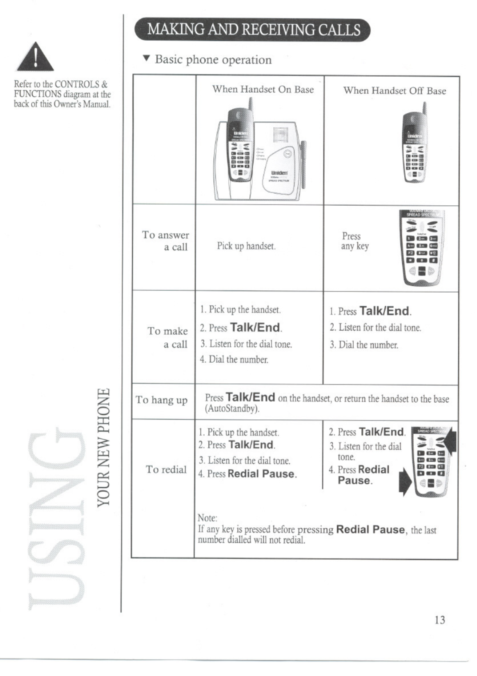 Making and receiving calls, Talk/end | Uniden DS70 User Manual | Page 14 / 23
