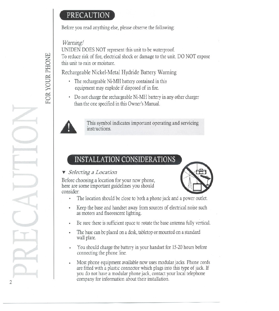 Precaution, Installation considerations | Uniden DS70 User Manual | Page 3 / 23