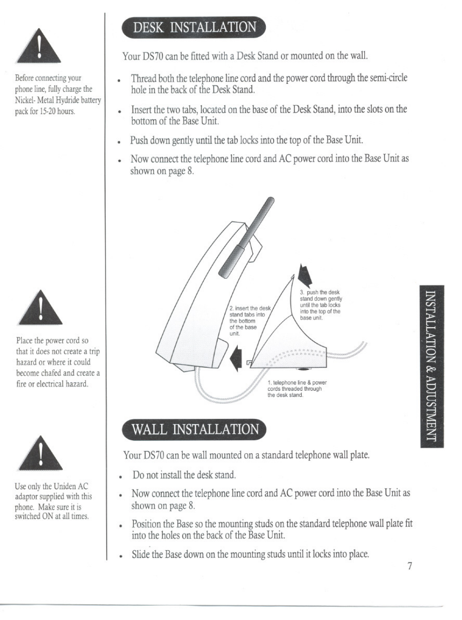 Desk installation, Wall installation | Uniden DS70 User Manual | Page 8 / 23