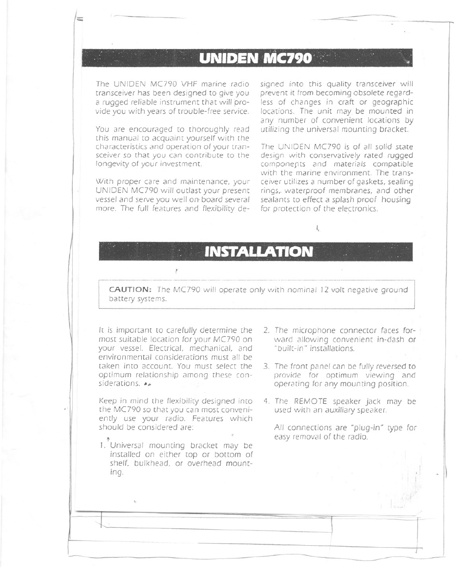 Uniden mc790, Installation | Uniden MC 790 User Manual | Page 2 / 13