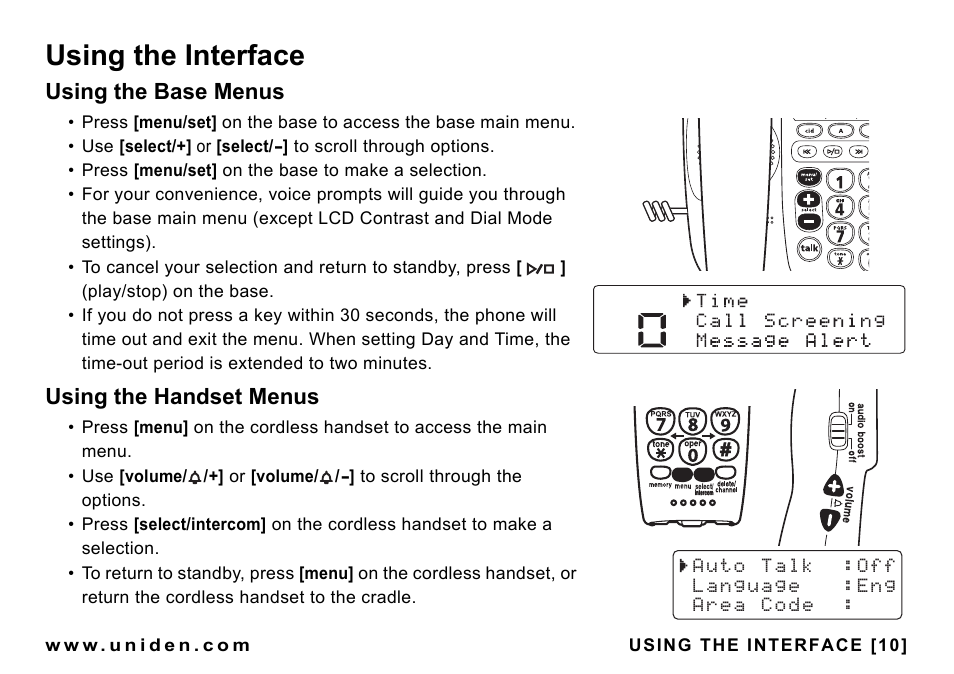 Using the interface, Using the base menus, Using the handset menus | Uniden CEZAI998 User Manual | Page 11 / 76