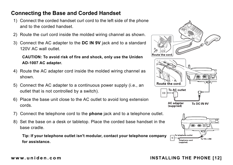 Connecting the base and corded handset, Connecting the base and corded handset . 12 | Uniden CEZAI998 User Manual | Page 13 / 76