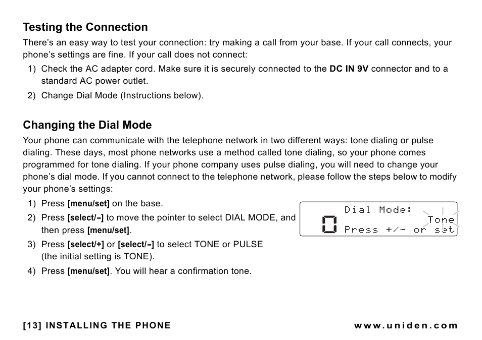 Testing the connection, Changing the dial mode | Uniden CEZAI998 User Manual | Page 14 / 76