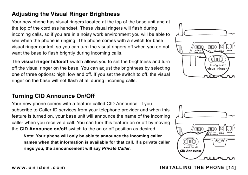 Adjusting the visual ringer brightness, Turning cid announce on/off | Uniden CEZAI998 User Manual | Page 15 / 76