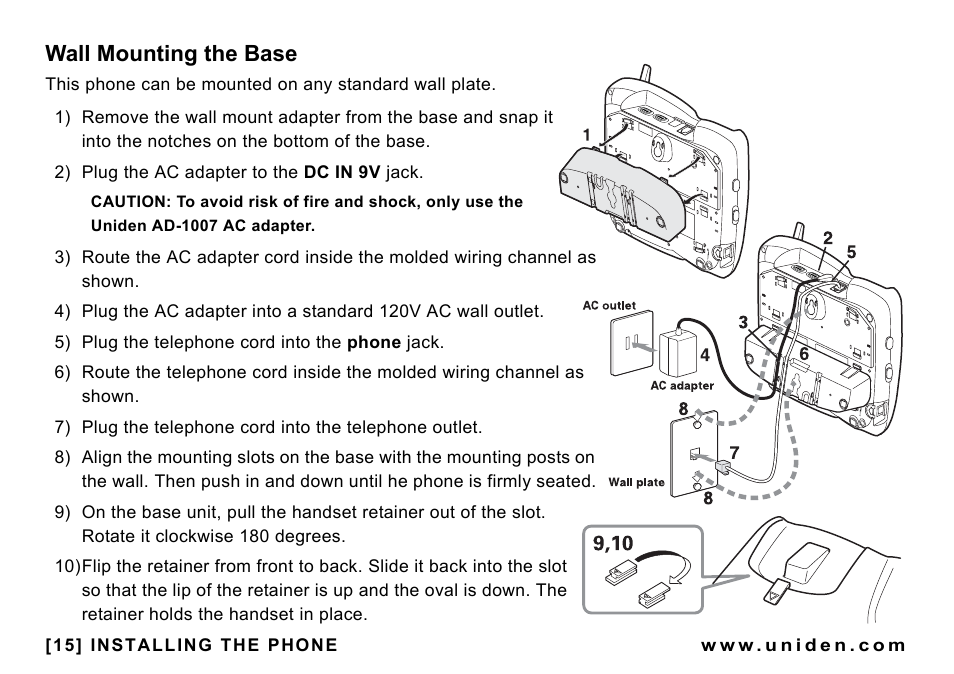 Wall mounting the base | Uniden CEZAI998 User Manual | Page 16 / 76