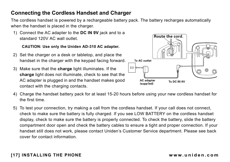 Connecting the cordless handset and charger, Connecting the cordless handset and, Charger | Uniden CEZAI998 User Manual | Page 18 / 76