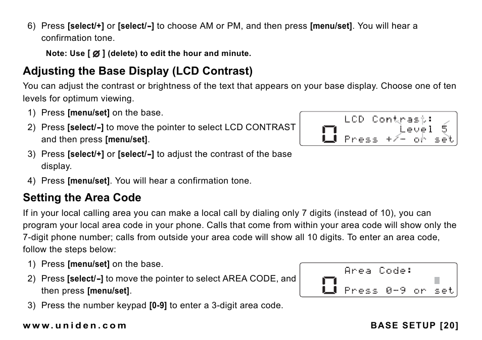 Adjusting the base display (lcd contrast), Setting the area code, Adjusting the base display (lcd contrast) .20 | Uniden CEZAI998 User Manual | Page 21 / 76