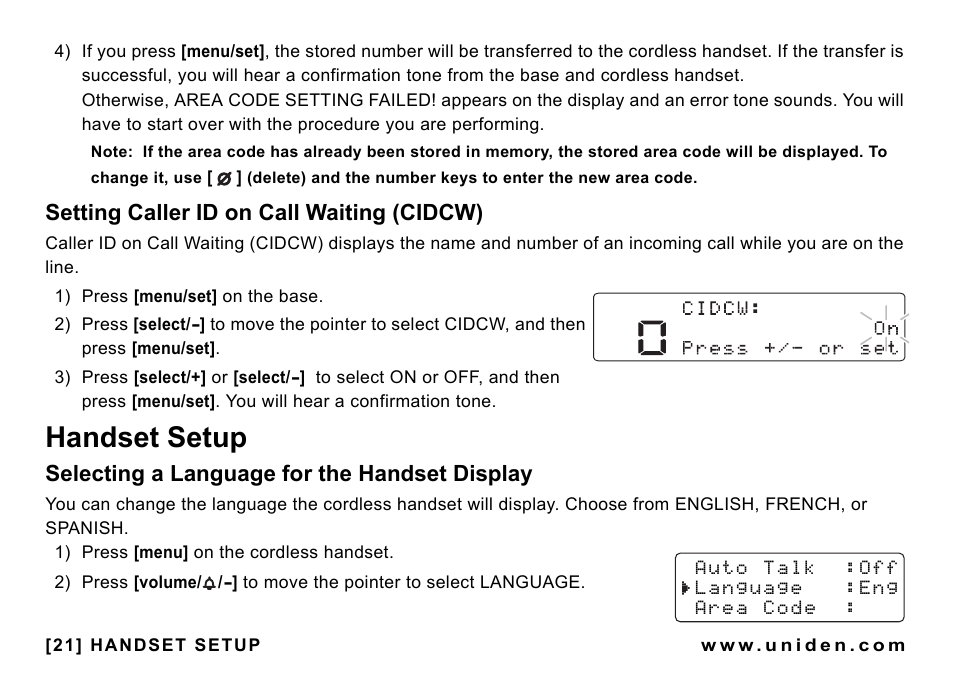 Setting caller id on call waiting (cidcw), Handset setup, Selecting a language for the handset display | Selecting a language for the handset, Display | Uniden CEZAI998 User Manual | Page 22 / 76