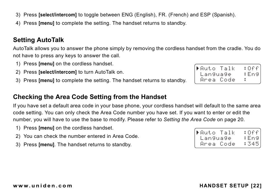 Setting autotalk, Checking the area code setting from the handset, Checking the area code setting | From the handset | Uniden CEZAI998 User Manual | Page 23 / 76