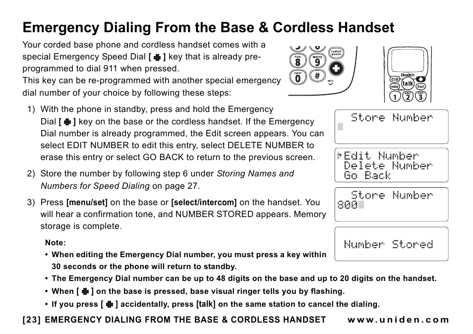 Emergency dialing from the base & cordless handset, Emergency dialing from the base & cordless, Handset | Uniden CEZAI998 User Manual | Page 24 / 76