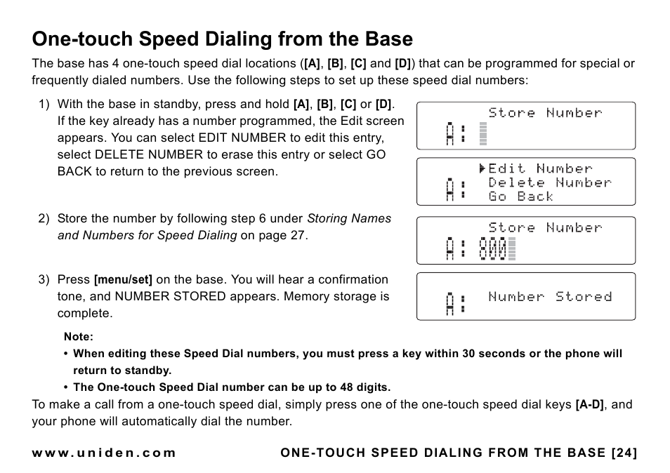 One-touch speed dialing from the base | Uniden CEZAI998 User Manual | Page 25 / 76