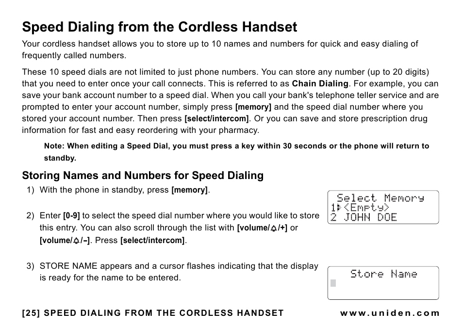 Speed dialing from the cordless handset, Storing names and numbers for speed dialing, Storing names and numbers for | Speed dialing | Uniden CEZAI998 User Manual | Page 26 / 76