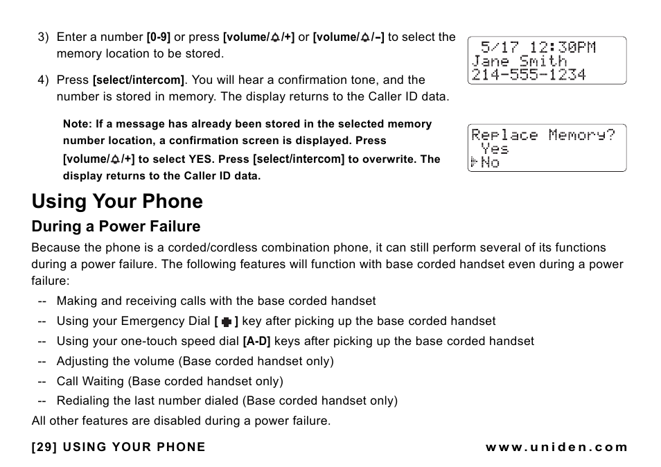 Using your phone, During a power failure | Uniden CEZAI998 User Manual | Page 30 / 76