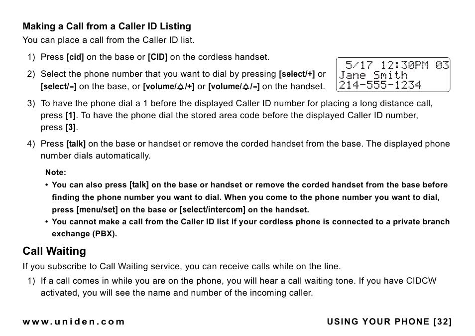 Call waiting | Uniden CEZAI998 User Manual | Page 33 / 76
