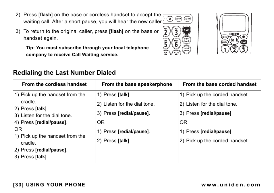 Redialing the last number dialed | Uniden CEZAI998 User Manual | Page 34 / 76