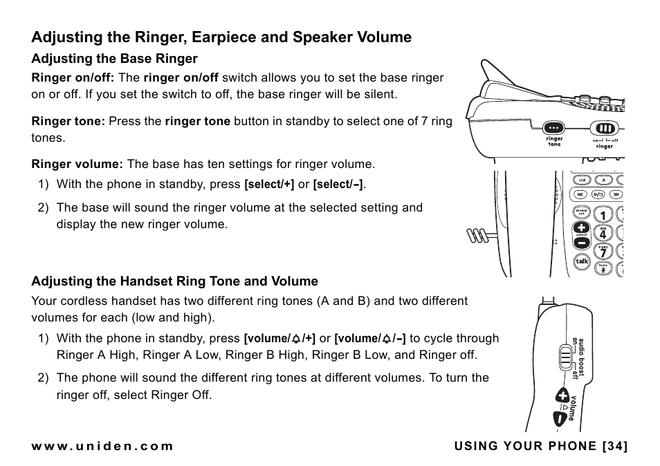 Adjusting the ringer, earpiece and speaker volume, Adjusting the ringer, earpiece and, Speaker volume | Uniden CEZAI998 User Manual | Page 35 / 76