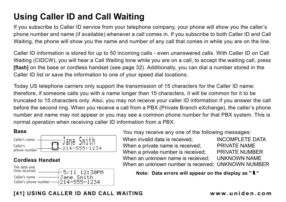 Using caller id and call waiting, Cpg5okvj | Uniden CEZAI998 User Manual | Page 42 / 76