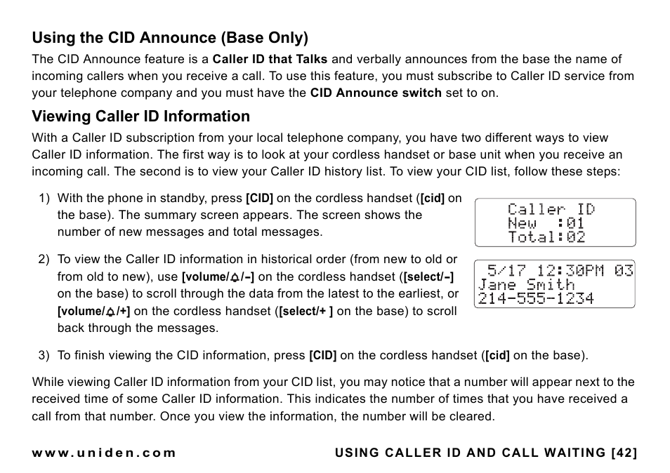 Using the cid announce (base only), Viewing caller id information | Uniden CEZAI998 User Manual | Page 43 / 76