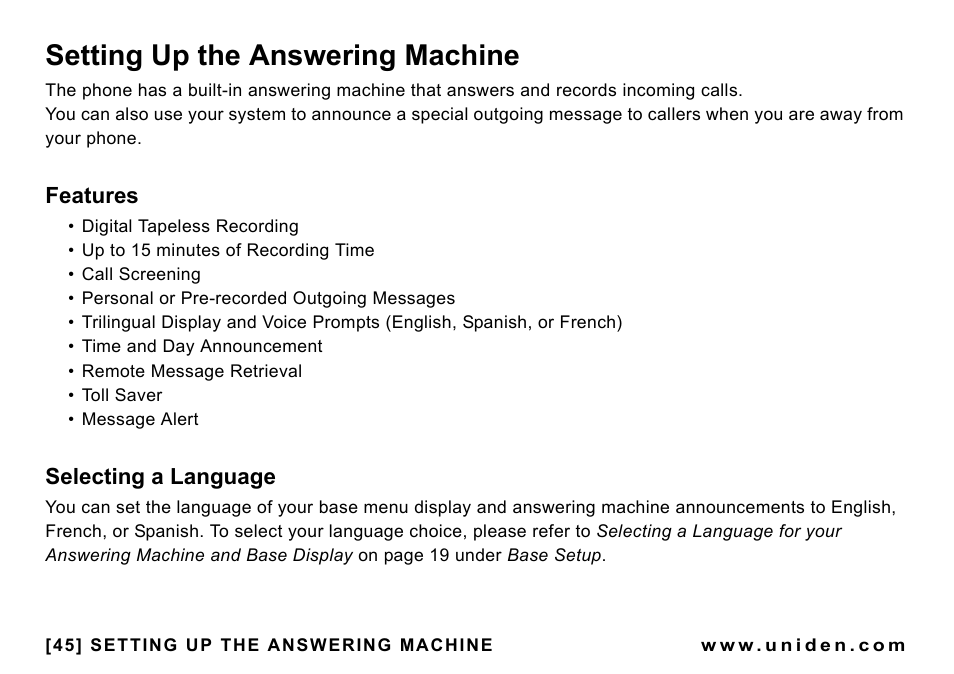 Setting up the answering machine, Features, Selecting a language | Uniden CEZAI998 User Manual | Page 46 / 76