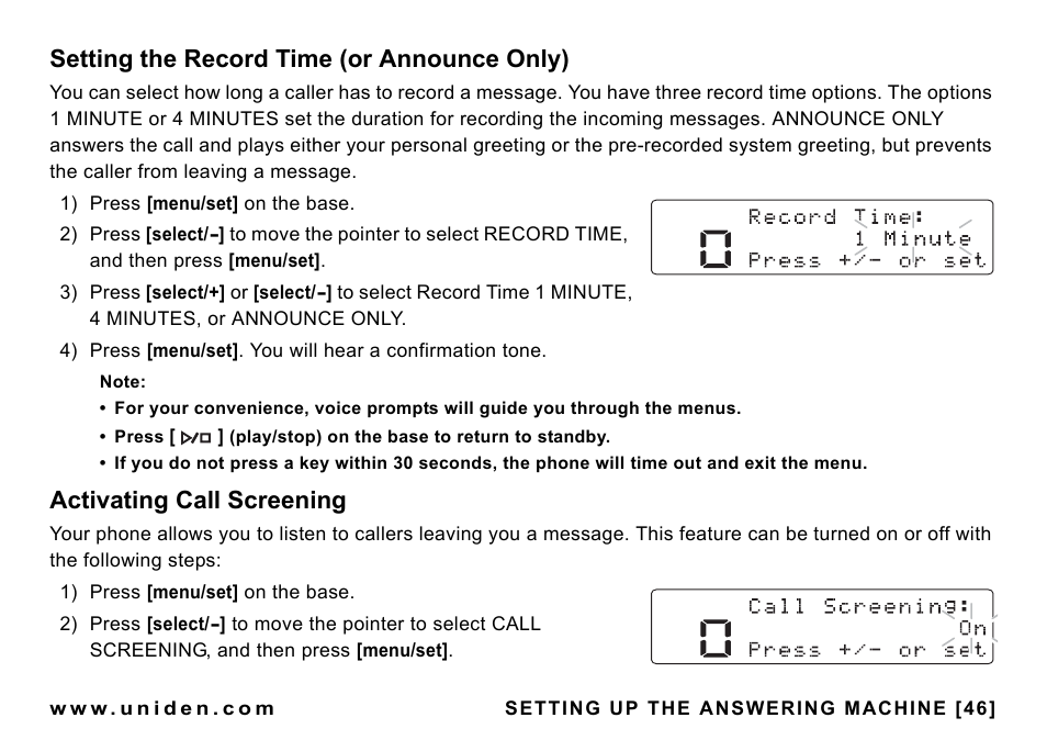 Setting the record time (or announce only), Activating call screening, Setting the record time | Or announce only) | Uniden CEZAI998 User Manual | Page 47 / 76