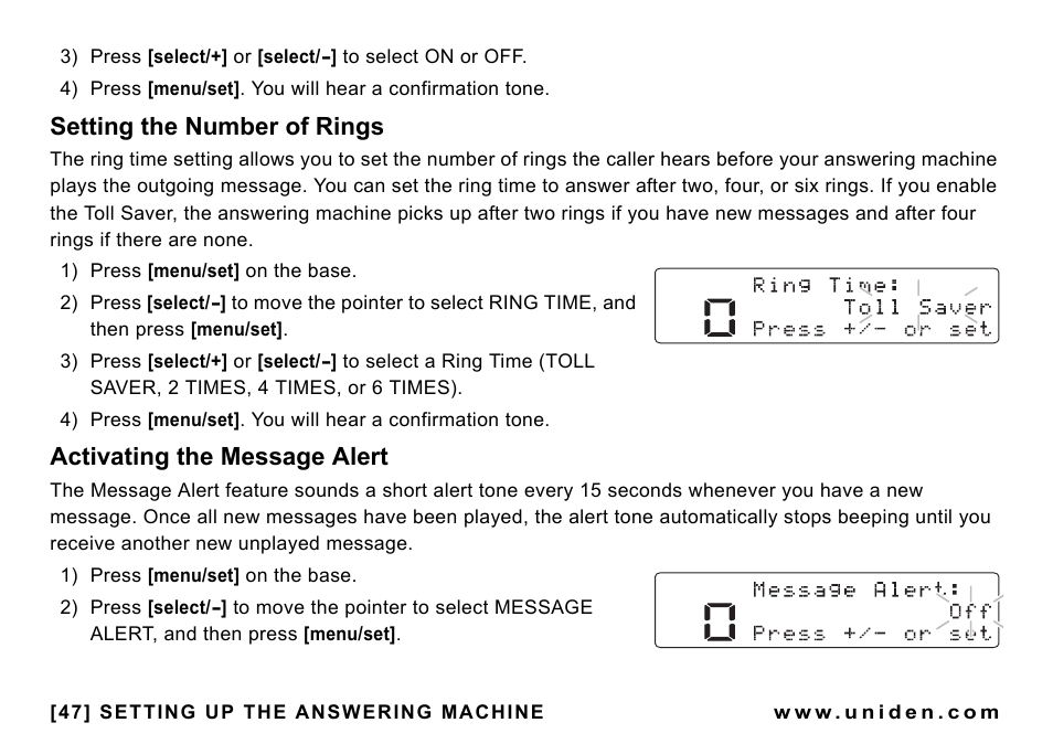 Setting the number of rings, Activating the message alert | Uniden CEZAI998 User Manual | Page 48 / 76