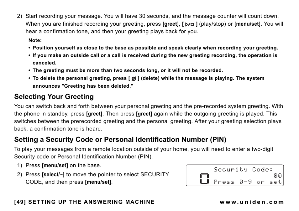 Selecting your greeting, Setting a security code or, Personal identification number (pin) | Uniden CEZAI998 User Manual | Page 50 / 76