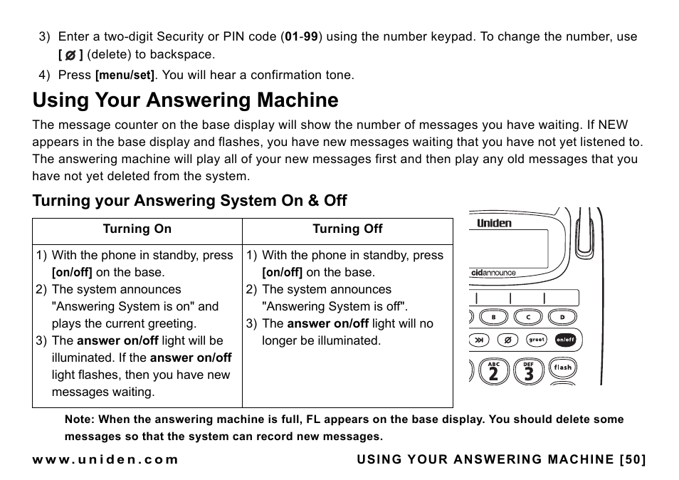 Using your answering machine, Turning your answering system on & off | Uniden CEZAI998 User Manual | Page 51 / 76