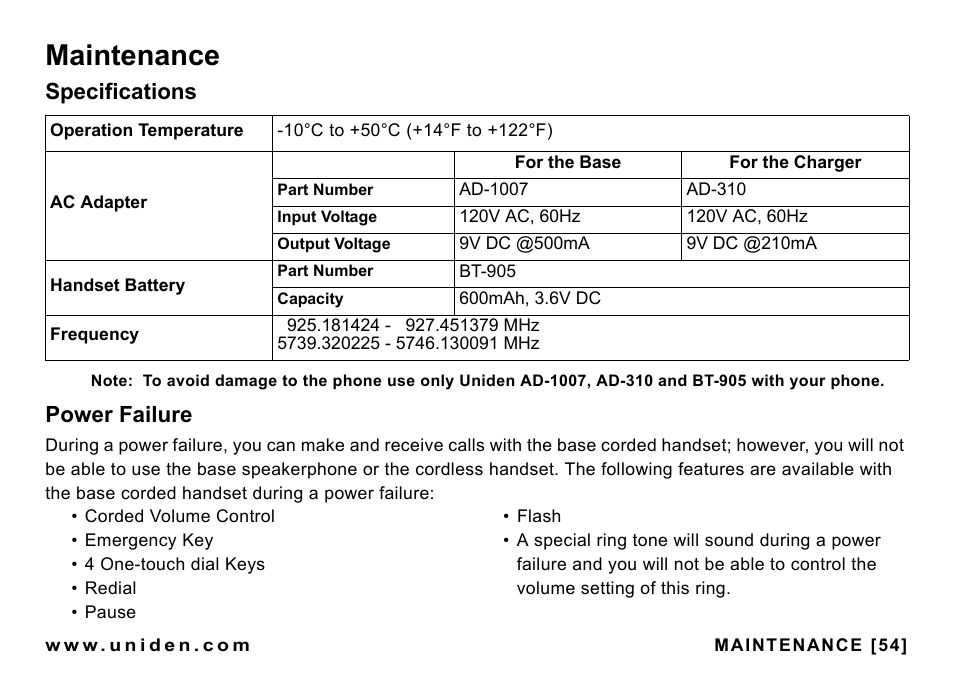 Maintenance, Specifications, Power failure | Uniden CEZAI998 User Manual | Page 55 / 76