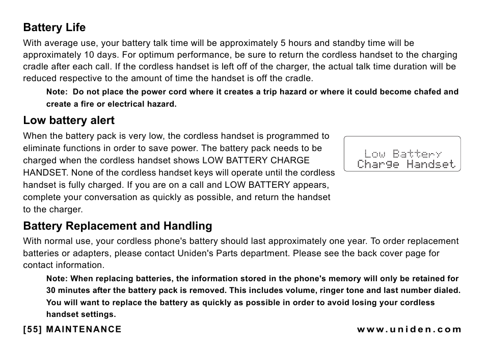 Battery life, Low battery alert, Battery replacement and handling | Uniden CEZAI998 User Manual | Page 56 / 76