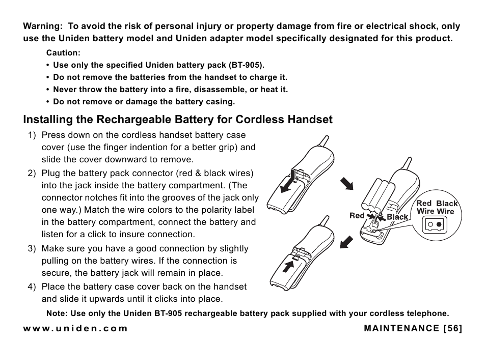 Installing the rechargeable battery for, Cordless handset | Uniden CEZAI998 User Manual | Page 57 / 76