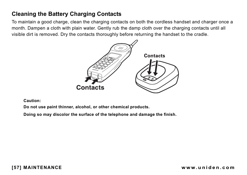 Cleaning the battery charging contacts | Uniden CEZAI998 User Manual | Page 58 / 76