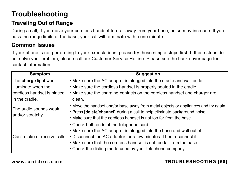 Troubleshooting, Traveling out of range, Common issues | Uniden CEZAI998 User Manual | Page 59 / 76